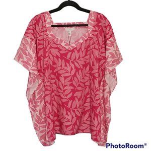 NWT H by Halston Dotted Leaf Bright Rose Caftan Beach Cover Up Top, Size M/L